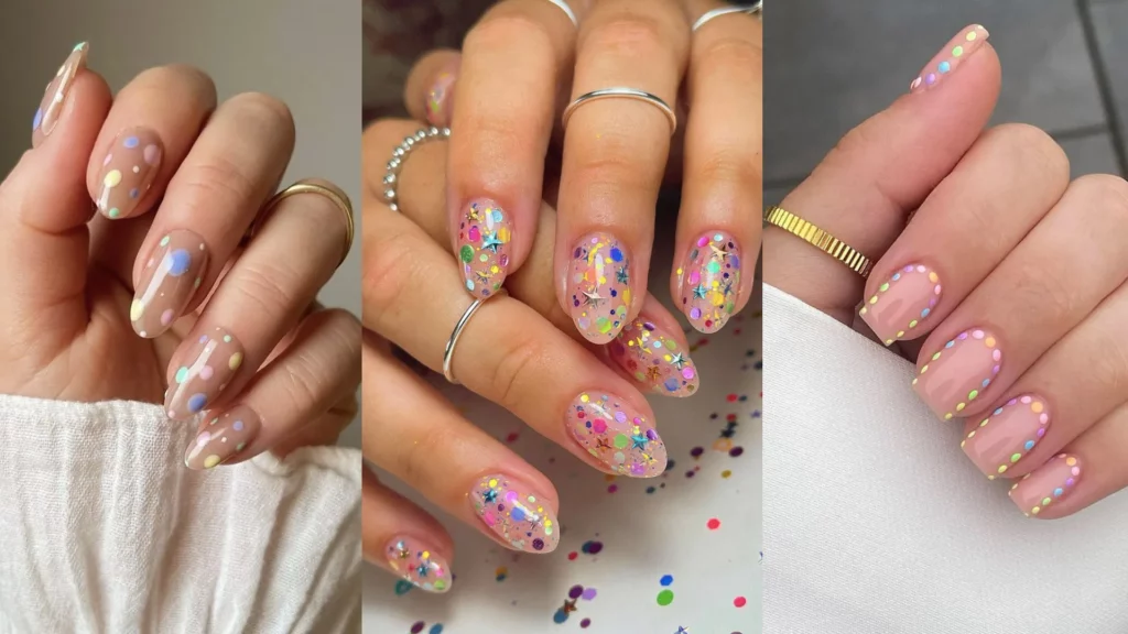 Manicura para Captura la esencia del carnaval con imitación de confetis coloridos sobre una base transparente.